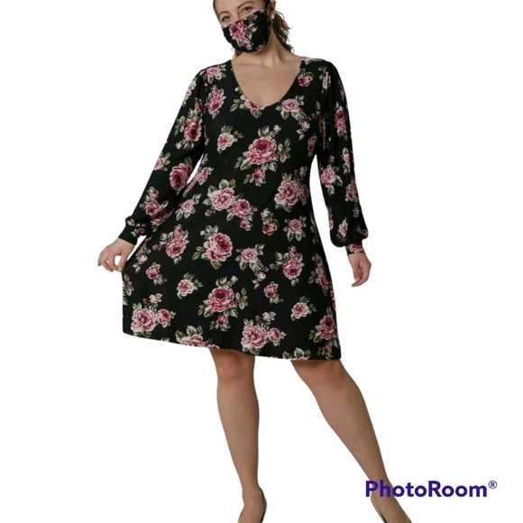 Ultra Flirt Black Floral Long Sleeve Fit And Flare Dress With Matching Mask 1X - Picture 1 of 11